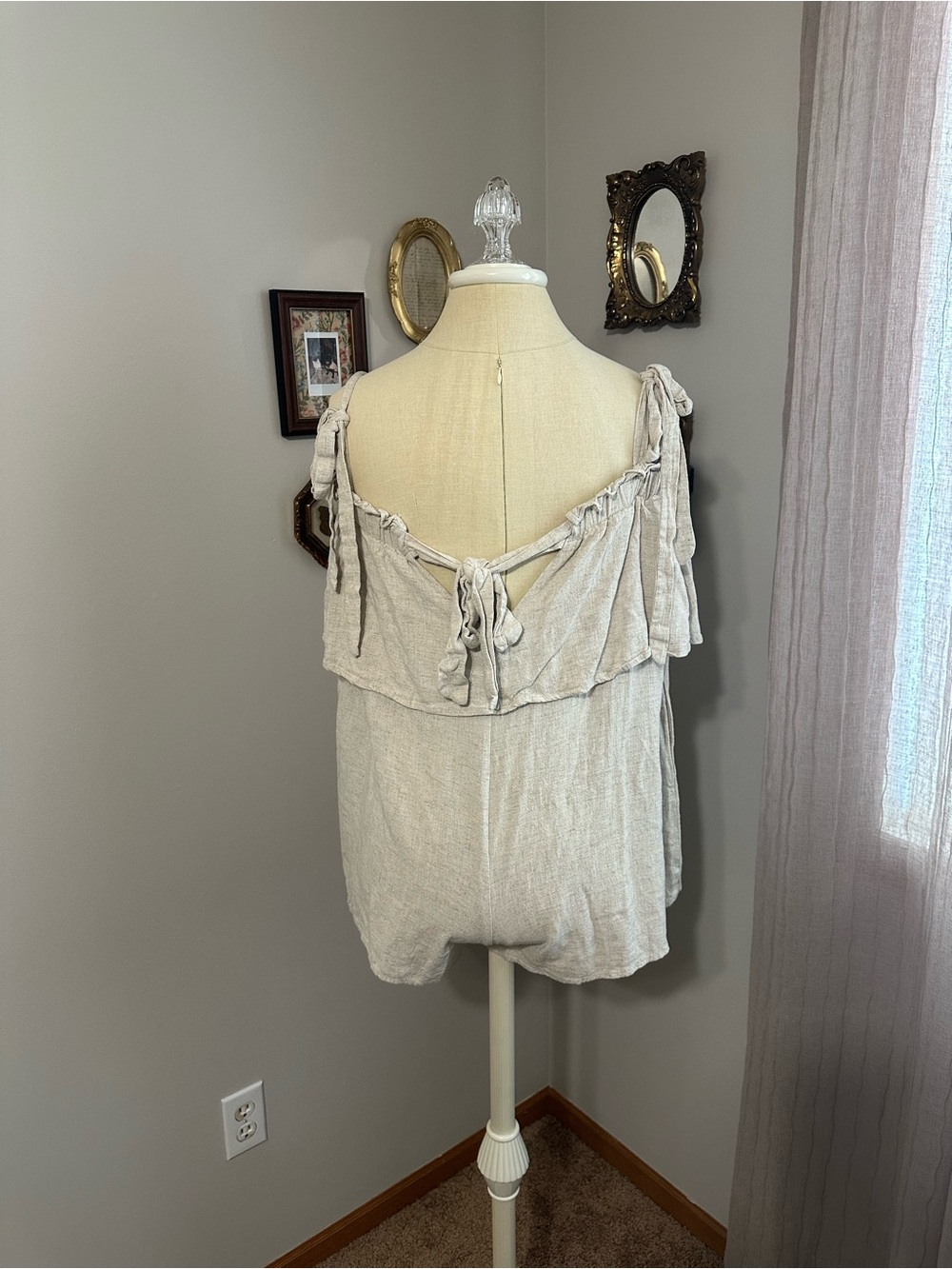Vici Light Beige Linen Blend Romper with Ruffle Trim - Picture 4 of 6